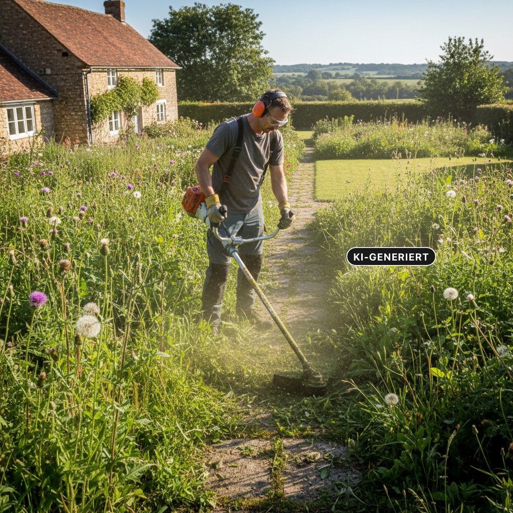 Ein Gärtner schneidet mit einer Motorsense hohes Gras und Wildblumen an einem Plattenweg neben einem Natursteinhaus. (KI-generiert)